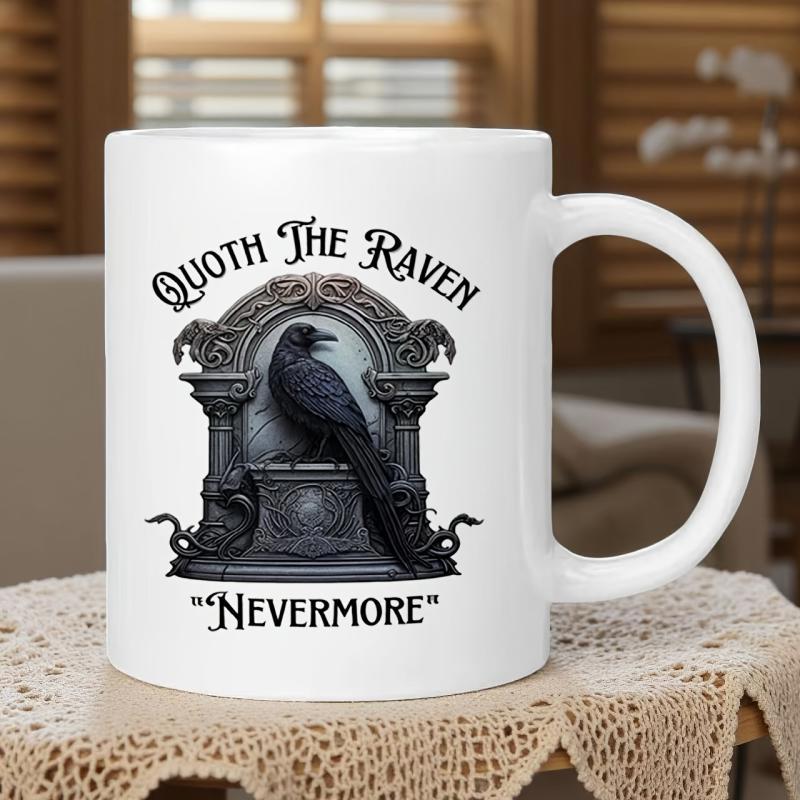 Tailorly White Ceramic 11 oz Mug - Quoth The Raven Nevermore Dark Ornate Gothic Pedestal Featuring A Mysterious Perched Bird Style Raven