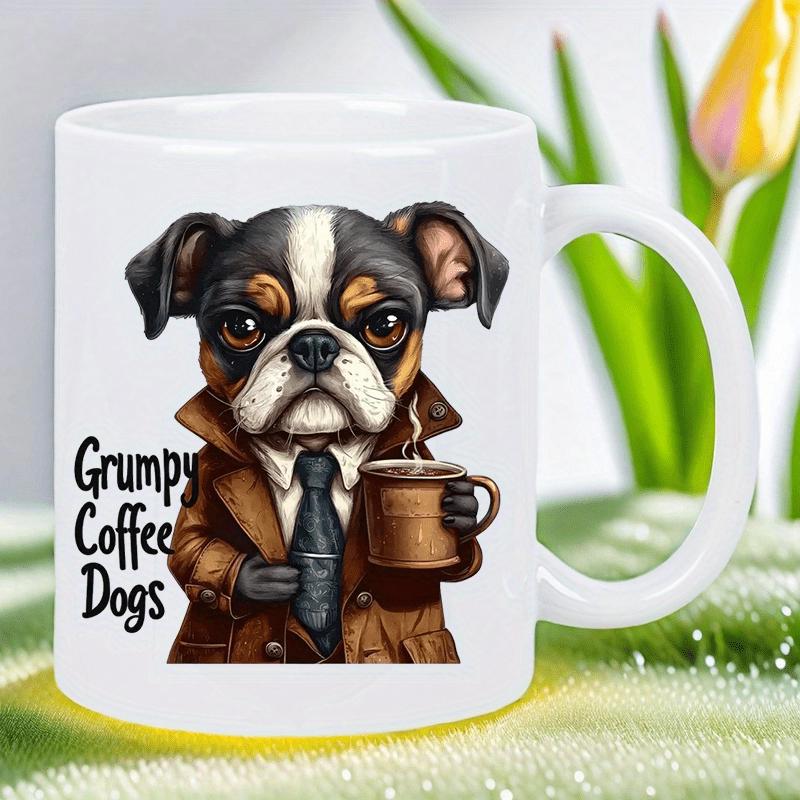 Tailorly White Ceramic 11 oz Mug - Grumpy Coffee Dogs Wearing A Brown Trench Coat Holding Steaming Cup Of Coffee Dog