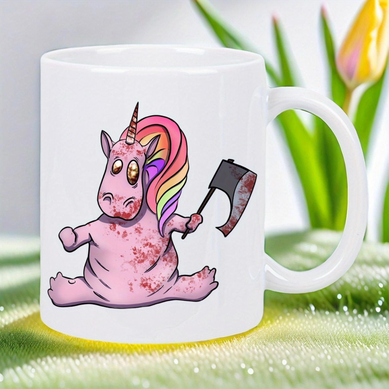 Tailorly White Ceramic 11 oz Mug - Chubby Pink Creature With Rainbow Hair Holding A Bloody Dark Axe Unicorn