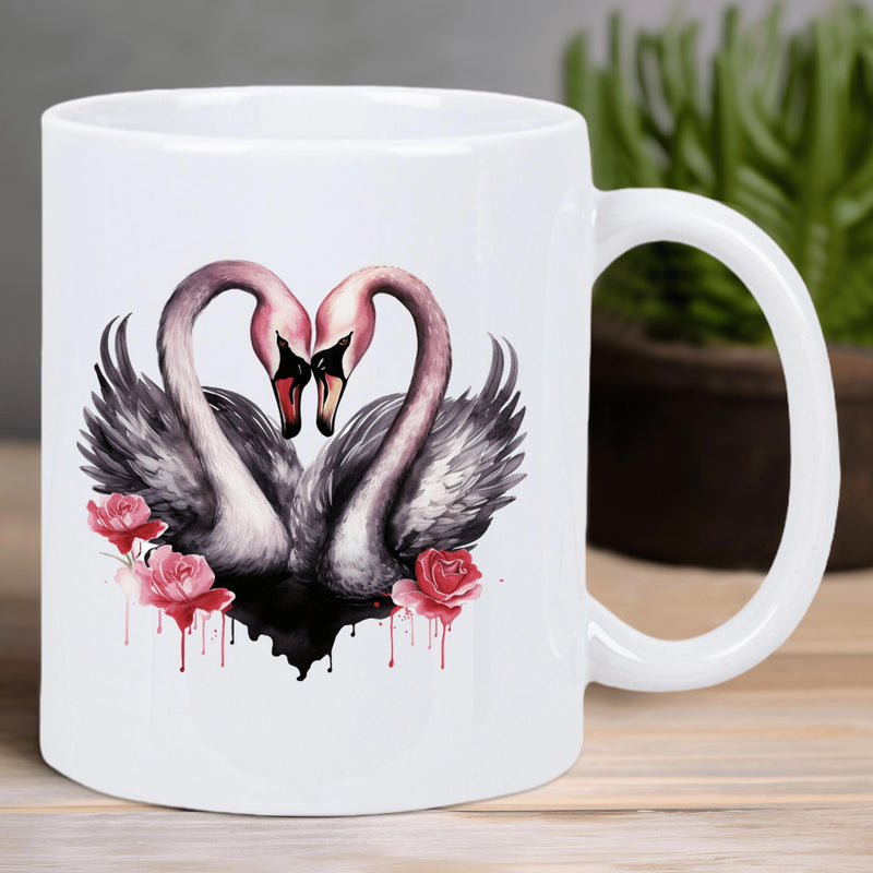 Tailorly White Ceramic 11 oz Mug - Elegant Pair Of Graceful Birds Forming A Heart Among Dripping Crimson Roses Swan