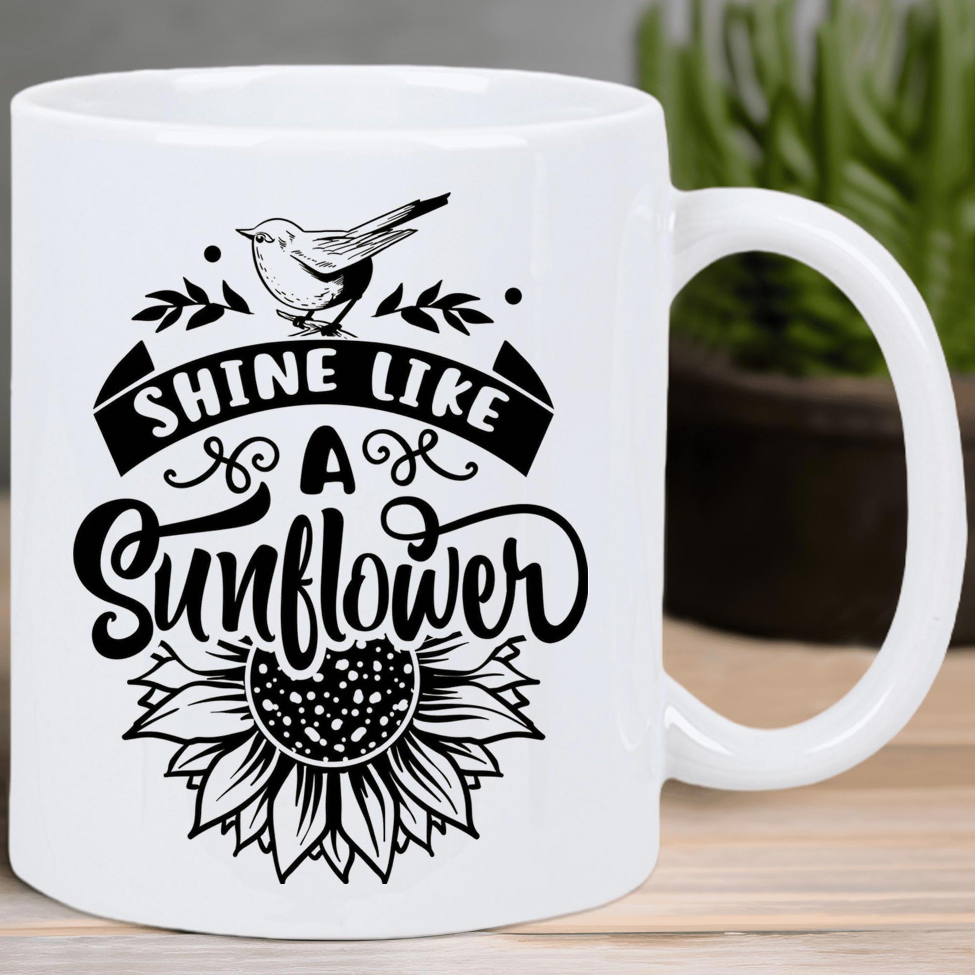Tailorly White Ceramic 11 oz Mug - Shine Like A Sunflower Artistic Bird Resting Over Decorative Hand Drawn Line Art Blooming Sunflower