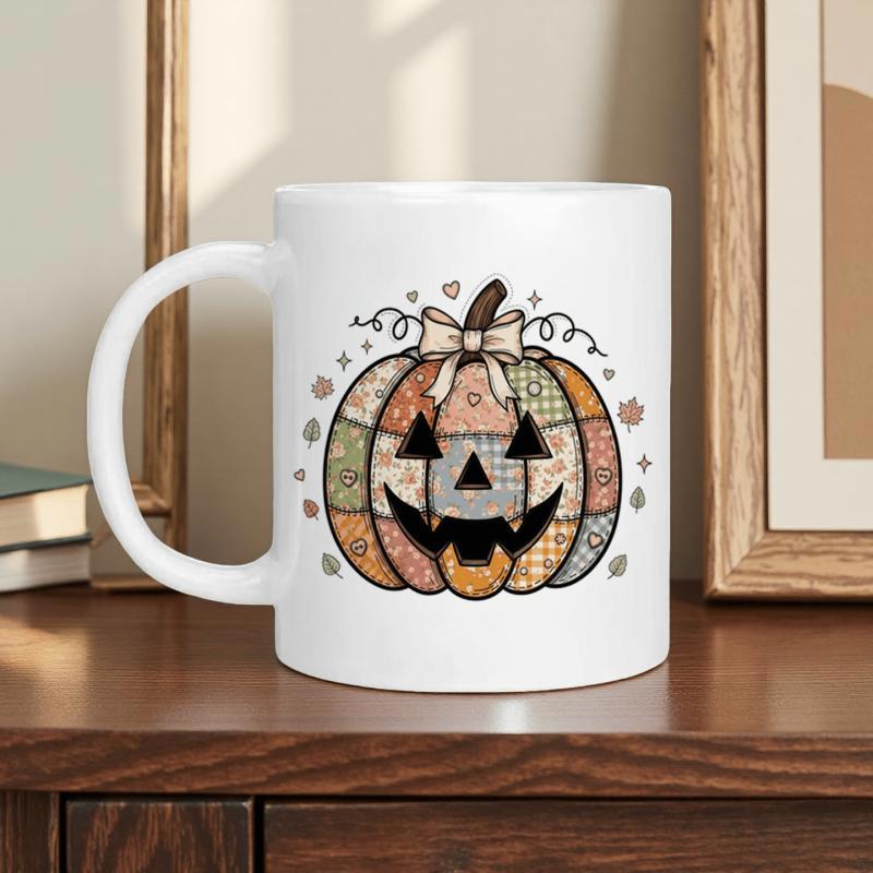 Tailorly White Ceramic 11 oz Mug - Decorative Patchwork Pattern Featuring Autumn Leaves And Elegant Bow Ribbon Pumpkin
