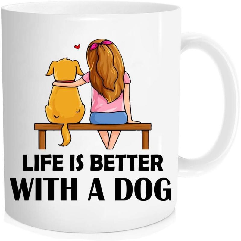 Tailorly White Ceramic 11 oz Mug - Life Is Better With A Dog Peaceful Girl And Loyal Golden Retriever Sitting Together On A Bench Dog
