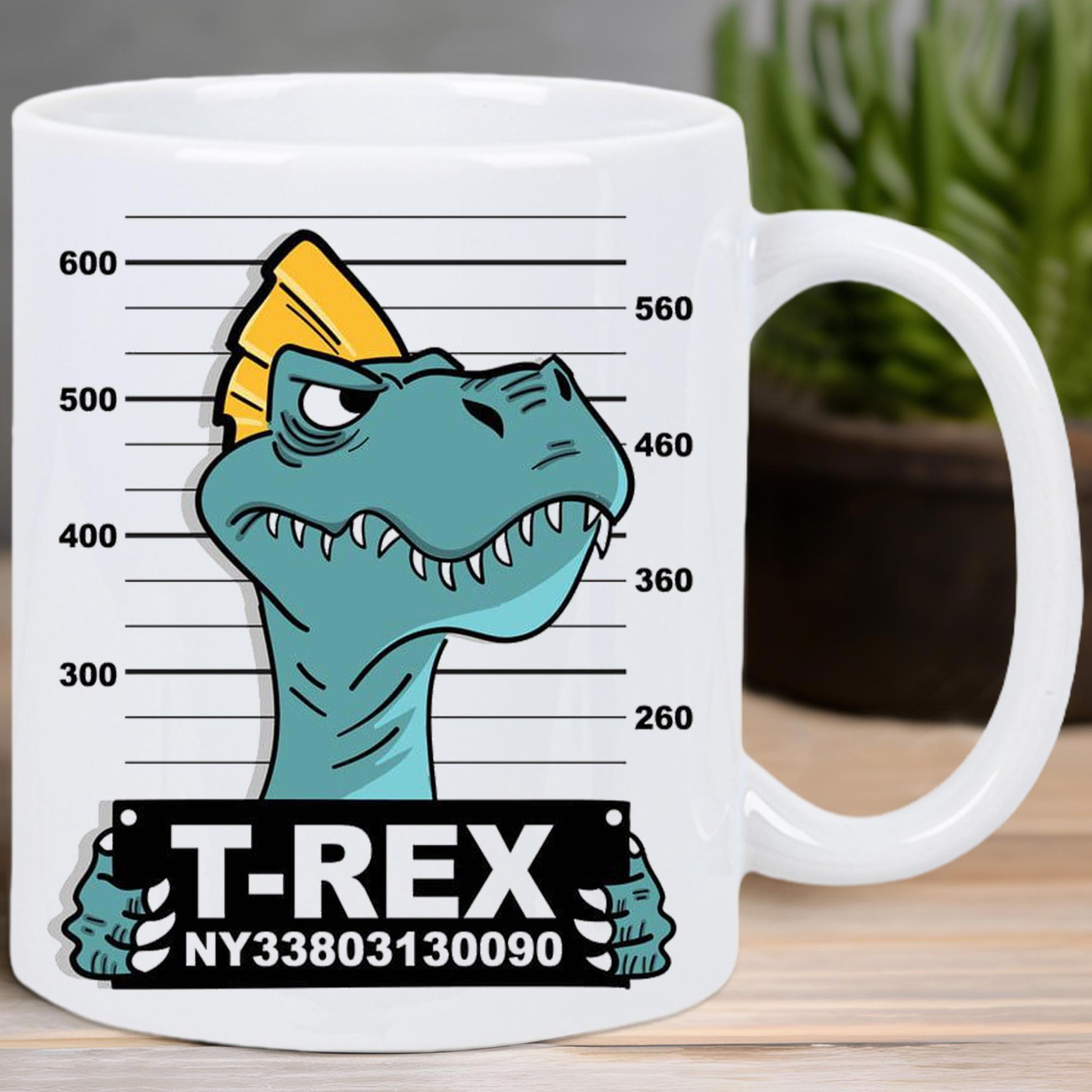 Tailorly White Ceramic 11 oz Mug - T Rex Funny Cartoon Mugshot With Grumpy Teal Behind Lineup Chart Dinosaur