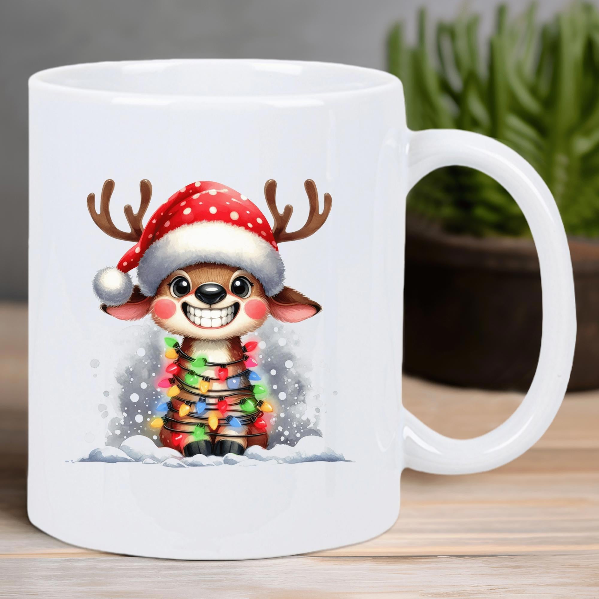 Tailorly White Ceramic 11 oz Mug - Adorable Little Reindeer Wearing Santa Hat Wrapped In Glowing Holiday String Lights Reindeer