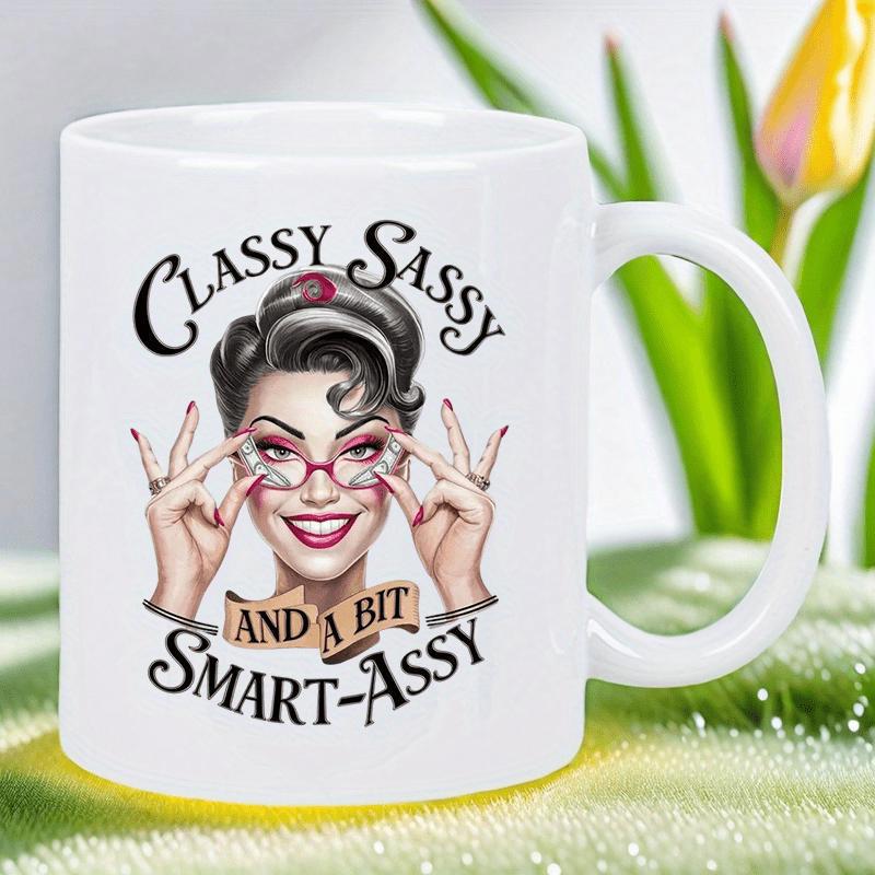 Tailorly White Ceramic 11 oz Mug - Classy Sassy And A Bit Smart Assy Vintage Pin Up Style Lady Wearing Red Glasses With Stylish Hair Woman