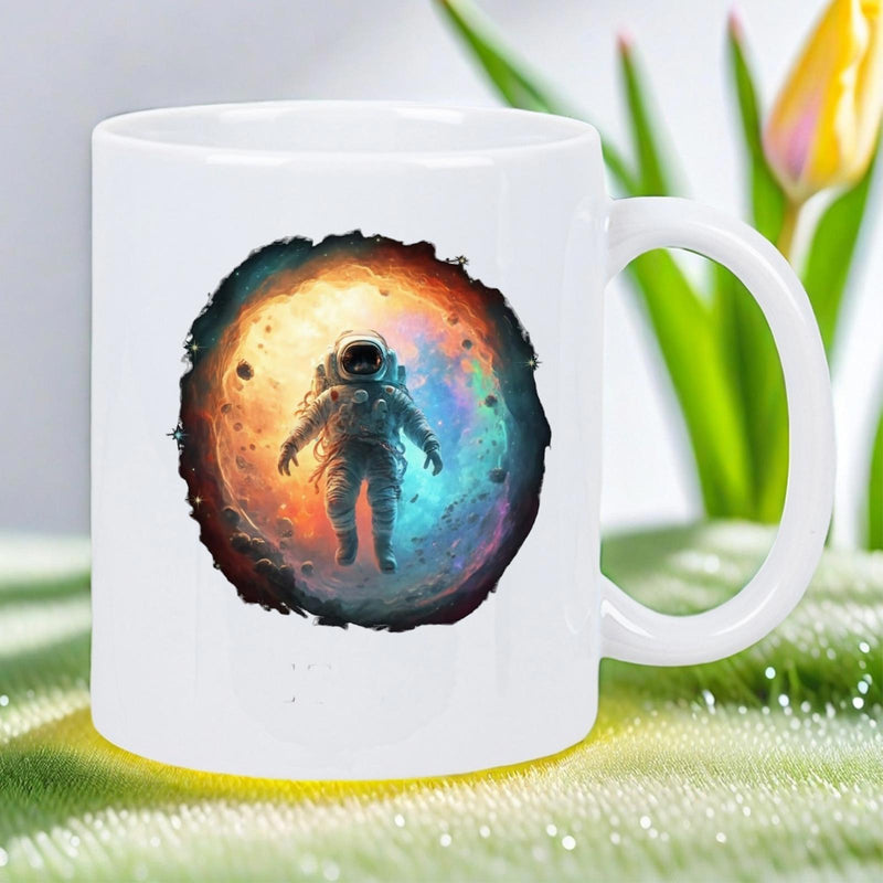 Tailorly White Ceramic 11 oz Mug - Floating Through A Vibrant Nebula With Glowing Colorful Cosmic Dust Astronaut