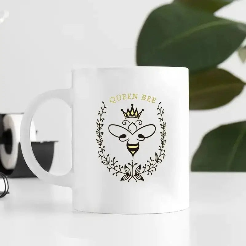 Tailorly White Ceramic 11 oz Mug - Queen Bee Elegant Crowned Insect Within A Graceful Decorative Laurel Wreath Bee