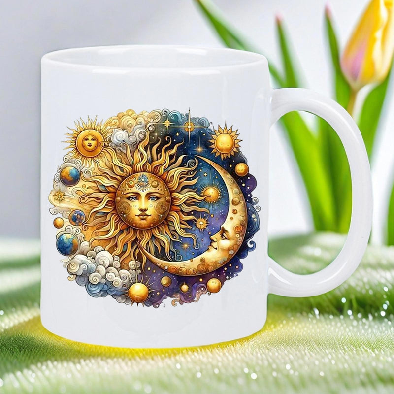 Tailorly White Ceramic 11 oz Mug - Golden Radiant Celestial Design With Crescent Moon Floating Among Cosmic Nebula Stars Sun