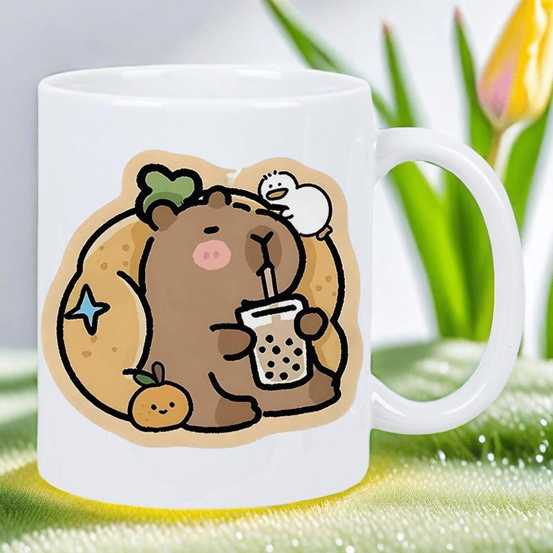 Tailorly White Ceramic 11 oz Mug - Adorable Cartoon Animal Drinking Delicious Bubble Tea Beside Tiny Smiling Orange Capybara