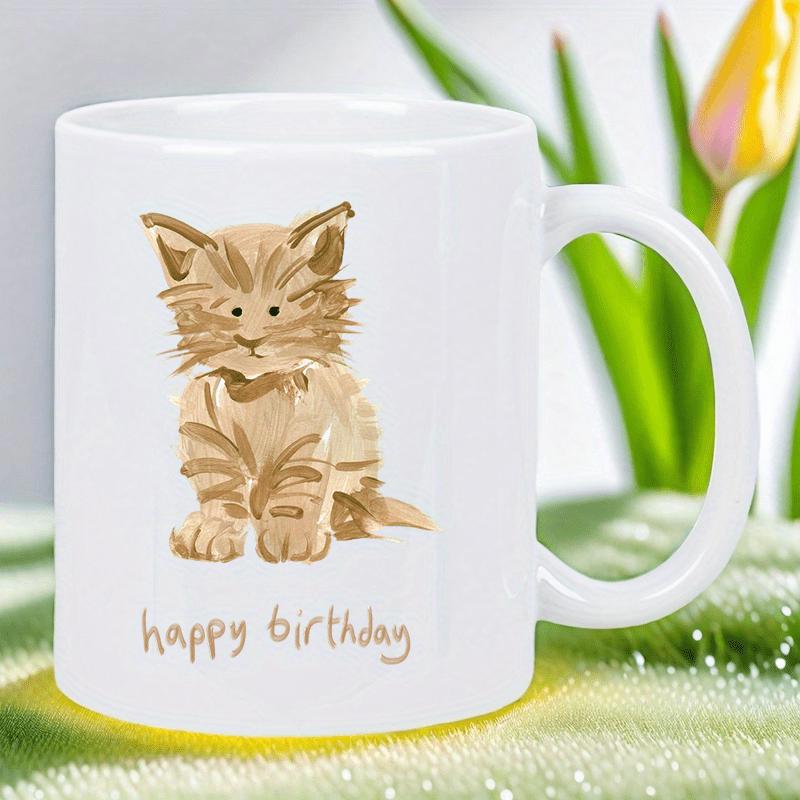 Tailorly White Ceramic 11 oz Mug - Happy Birthday Adorable Ginger Kitten Sitting Peacefully In Soft Artistic Hand Drawn Style Kitten