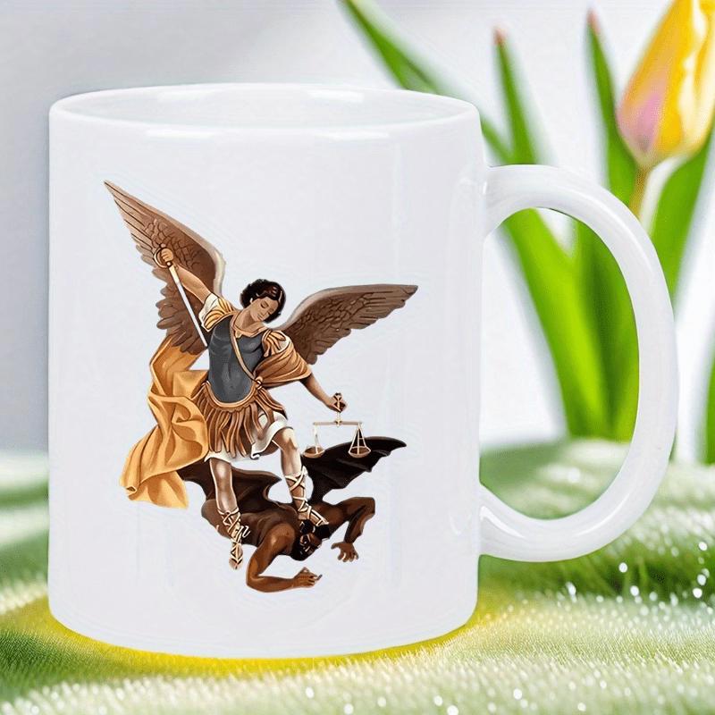 Tailorly White Ceramic 11 oz Mug - Divine Archangel With Golden Wings Defeating A Dark Winged Fallen Demon Archangel Michael
