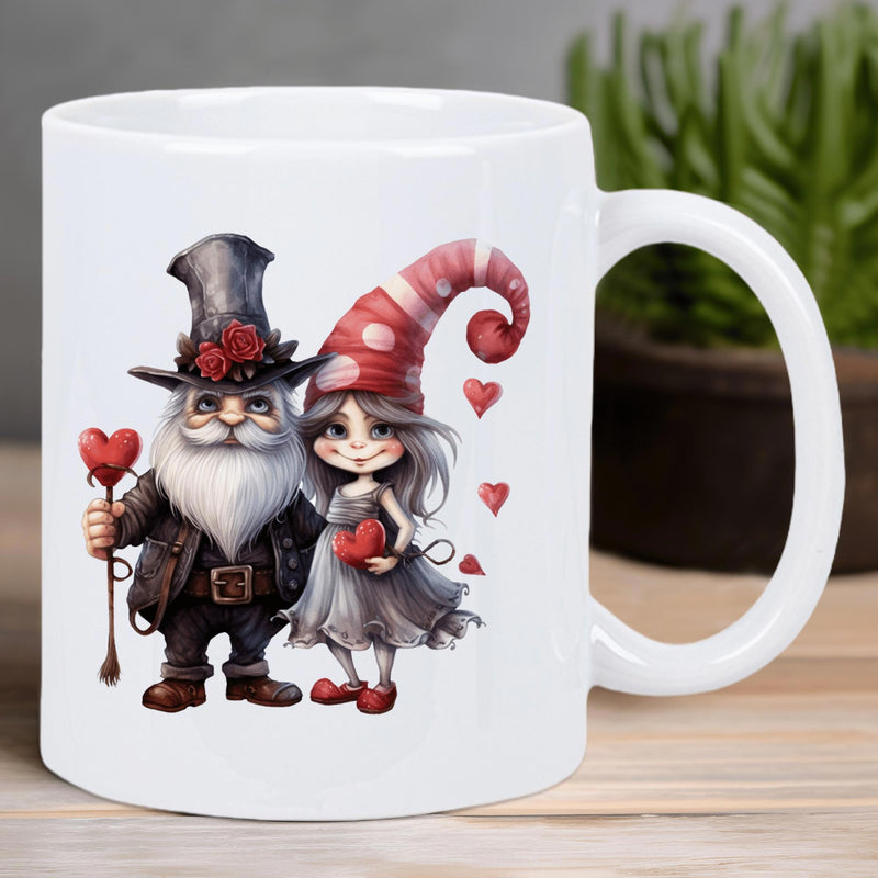 Tailorly White Ceramic 11 oz Mug - Whimsical Couple Wearing Festive Hats Holding Small Red Hearts Gnomes