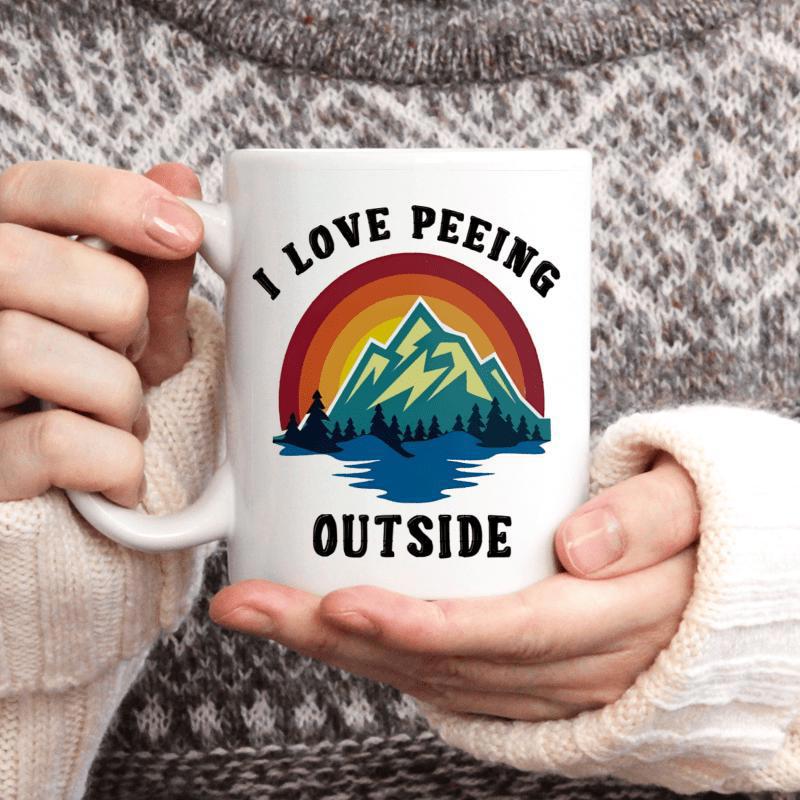 Tailorly White Ceramic 11 oz Mug - I Love Peeing Outside Vintage Retro Style Sun With Majestic Pine Forest And Reflection Over Water Mountain