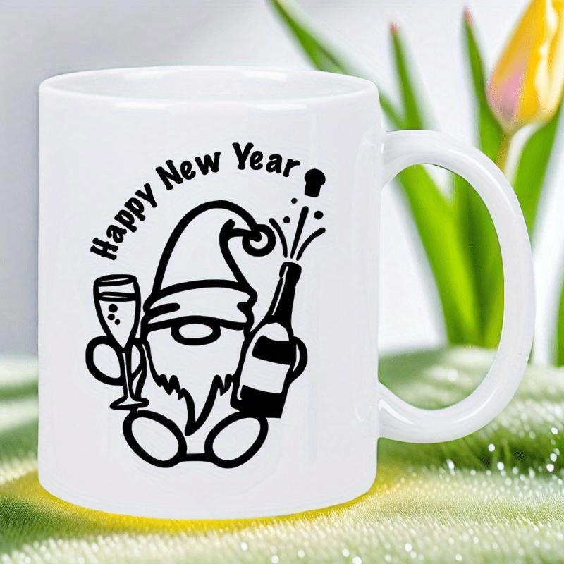 Tailorly White Ceramic 11 oz Mug - Happy New Year Festive Scandinavian Gonk Holding Popping Champagne Bottle And Wine Glass Among Celebrations Gnome