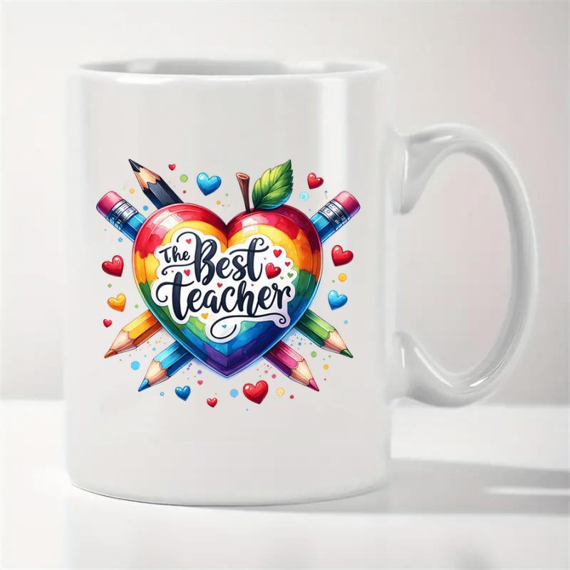 Tailorly White Ceramic 11 oz Mug - The Best Teacher Vibrant Rainbow Heart With Pencils And Floating Hearts Surrounding Leafy Apple Heart