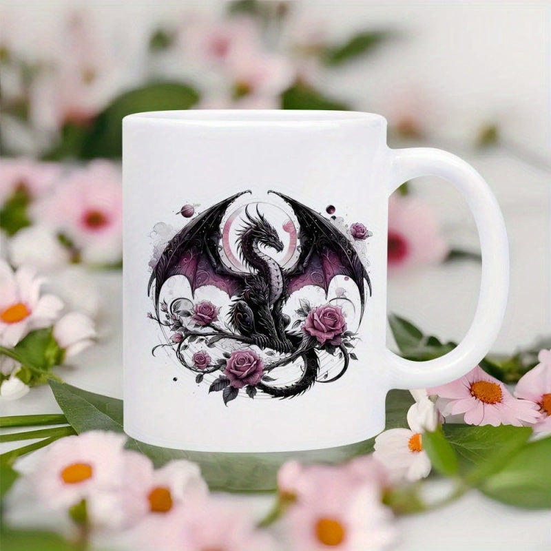 Tailorly White Ceramic 11 oz Mug - Elegant Wings Perched Among Blooming Purple Roses And Thorny Vines Majestic Dragon