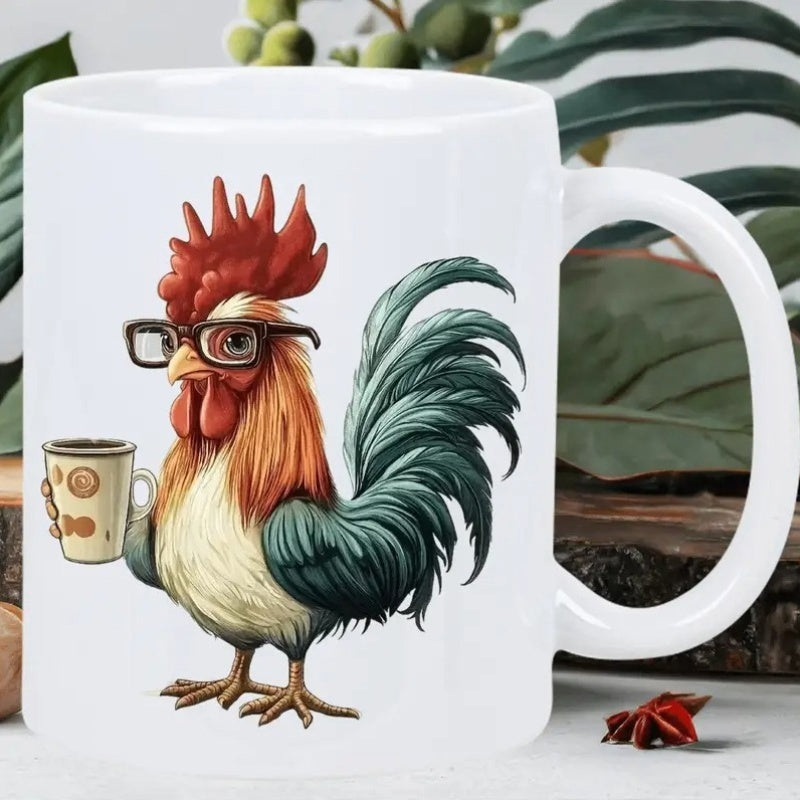 Tailorly White Ceramic 11 oz Mug - Colorful Whimsical Bird Wearing Black Glasses Holding A Cup Of Coffee Rooster