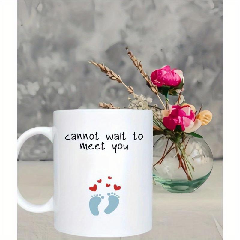 Tailorly White Ceramic 11 oz Mug - Cannot Wait To Meet You Tiny Blue Infant Marks With Sweet Red Floating Hearts Footprints