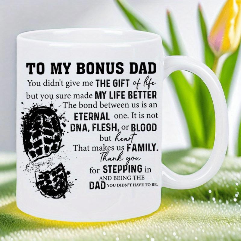 Tailorly White Ceramic 11 oz Mug - To My Bonus Dad Distressed Black Ink Splatter Boot Print Stepping Firmly On White Surface Footprint