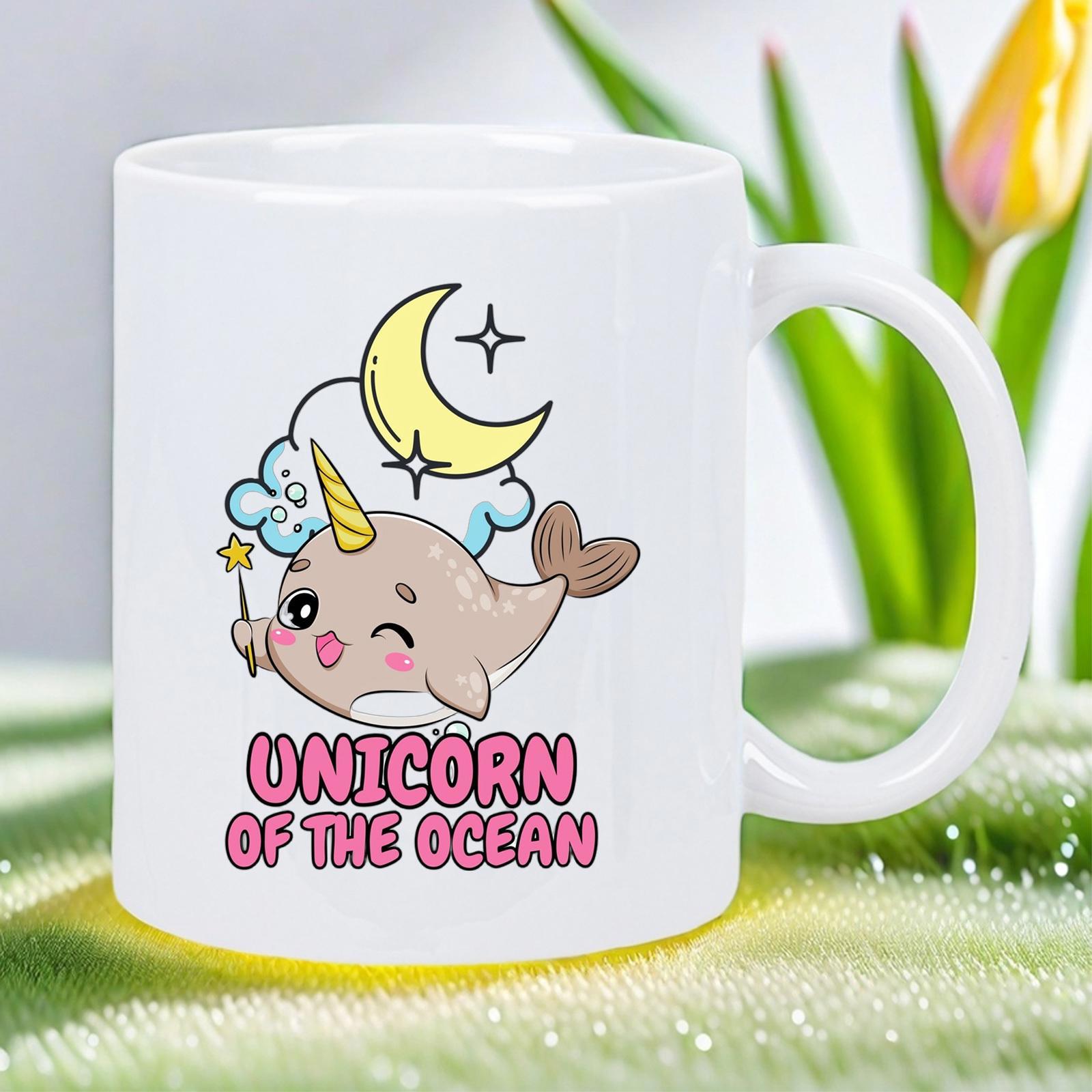 Tailorly White Ceramic 11 oz Mug - Unicorn Of The Ocean Adorable Cartoon Narwhal With Magic Wand Under Crescent Moon And Stars Narwhal