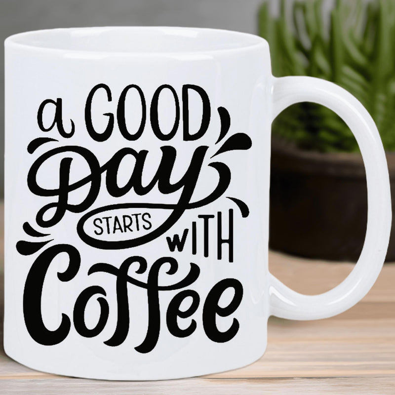 Tailorly White Ceramic 11 oz Mug - A Good Day Starts With Coffee Elegant Script Typography Featuring Stylish Black Swirls And Decorative Elements On Mug