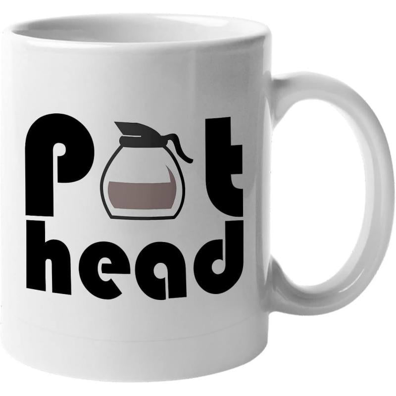Tailorly White Ceramic 11 oz Mug - Pothead Glass Carafe Half Filled With Fresh Dark Roasted Coffee Pot
