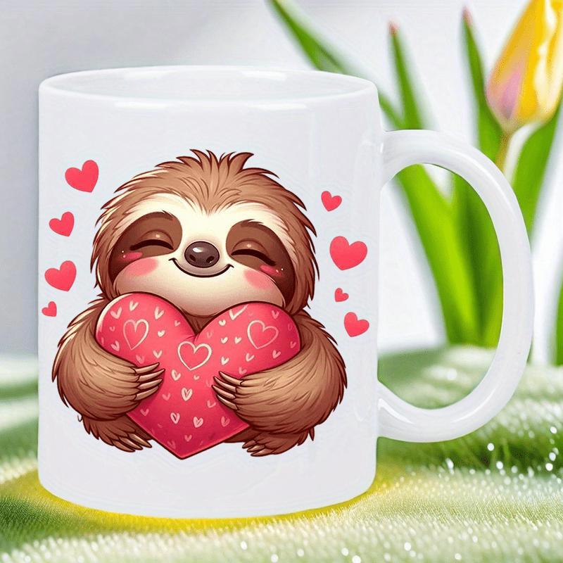 Tailorly White Ceramic 11 oz Mug - Adorable Brown Cartoon Sloth Holding A Big Pink Love Heart Sloth