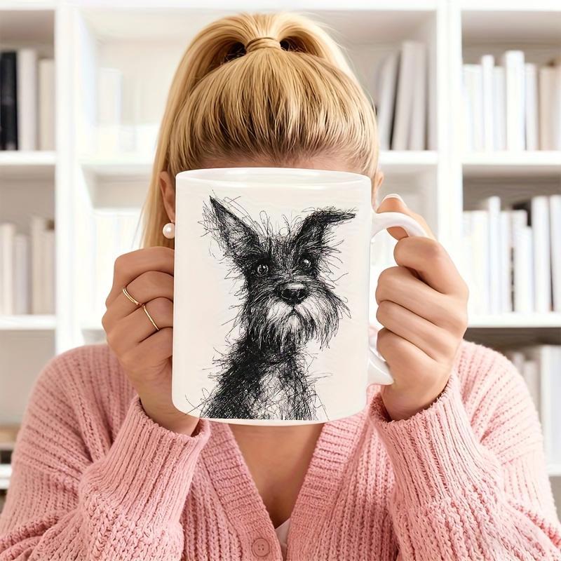 Tailorly White Ceramic 11 oz Mug - Artistic Hand Drawn Scruffy Black And White Expressive Miniature Schnauzer Dog