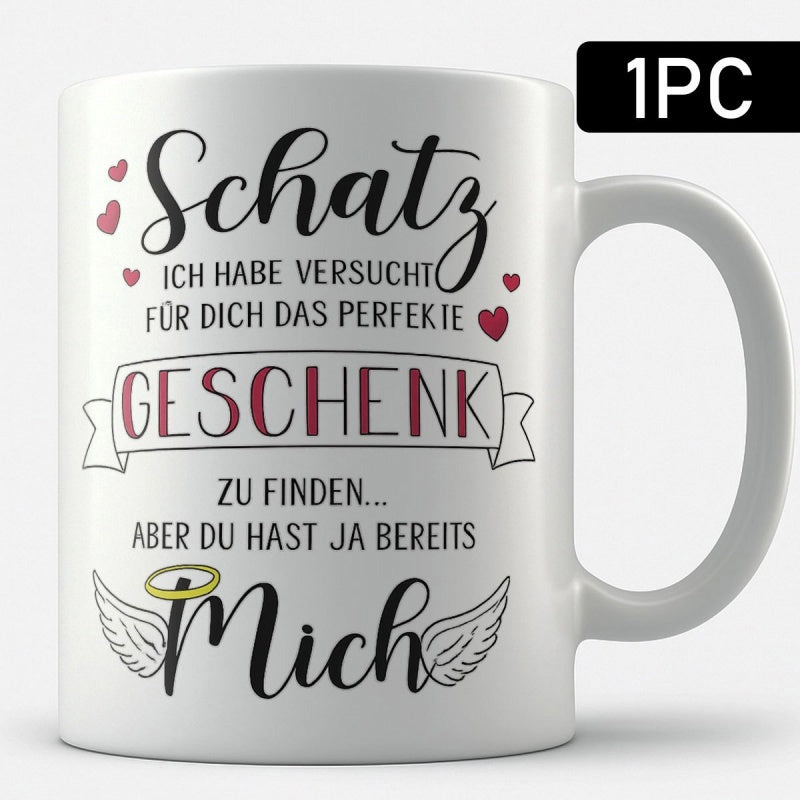 Tailorly White Ceramic 11 oz Mug - Graceful Heavenly Angel Wings With Halo And Delicate Red Hearts Mug