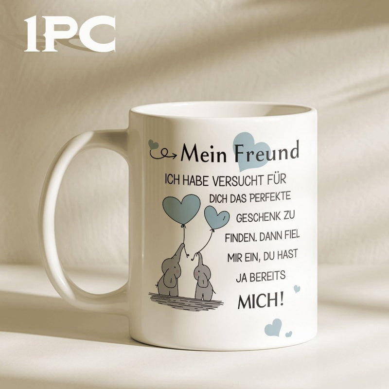 Tailorly White Ceramic 11 oz Mug - Two Hand Drawn Minimalist Gray Figures Holding Heart Shaped Balloons Elephant
