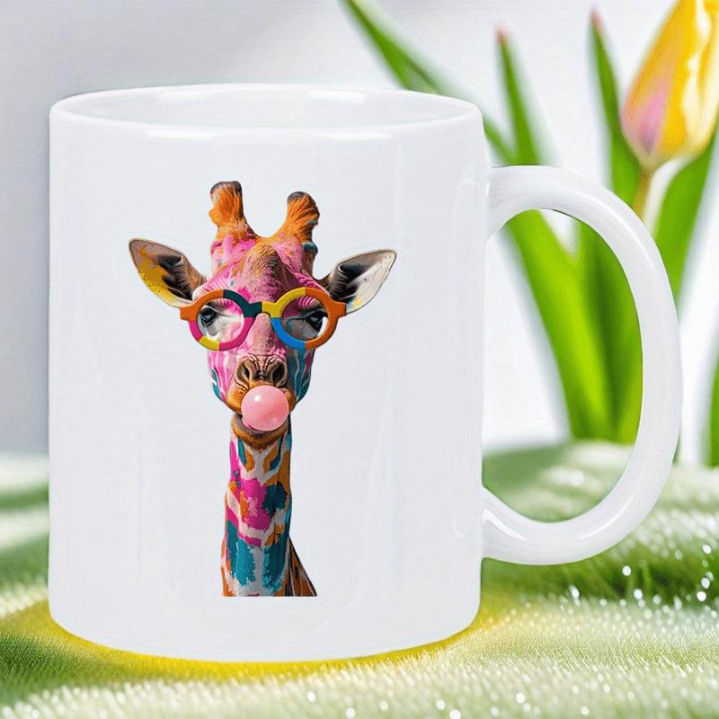 Tailorly White Ceramic 11 oz Mug - Vibrant Artistic Pattern With Colorful Glasses And A Pink Bubblegum Blowing Giraffe