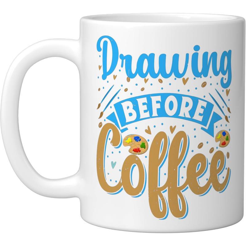 Tailorly White Ceramic 11 oz Mug - Drawing Before Coffee Artistic Creative Script Design Featuring Vibrant Painter Palettes And Dots Mug