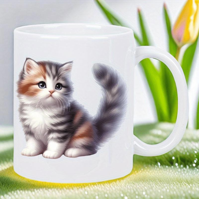 Tailorly White Ceramic 11 oz Mug - Fluffy Calico Kitten Sitting Peacefully Among Soft Green Grass Kitten