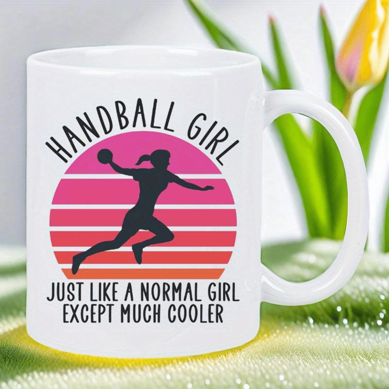Tailorly White Ceramic 11 oz Mug - Handball Girl Just Like A Normal Girl Except Much Cooler Dynamic Female Player Jumping Against A Colorful Retro Striped Sunset