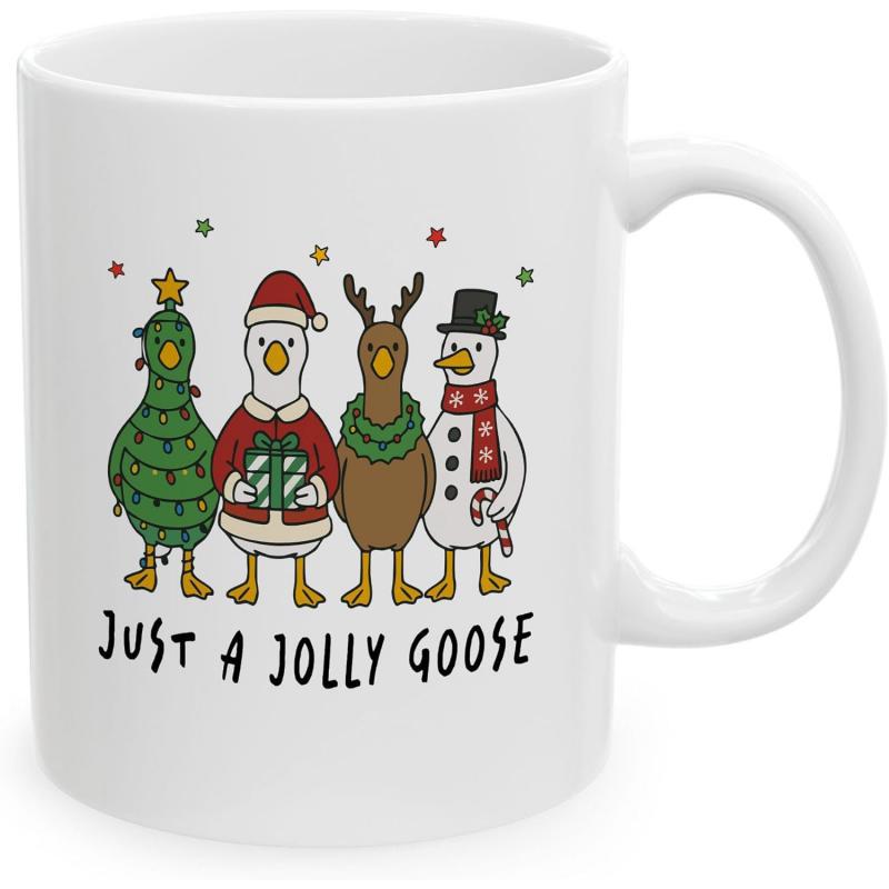 Tailorly White Ceramic 11 oz Mug - Just A Jolly Goose Four Festive Birds Dressed In Holiday Costumes Character Goose