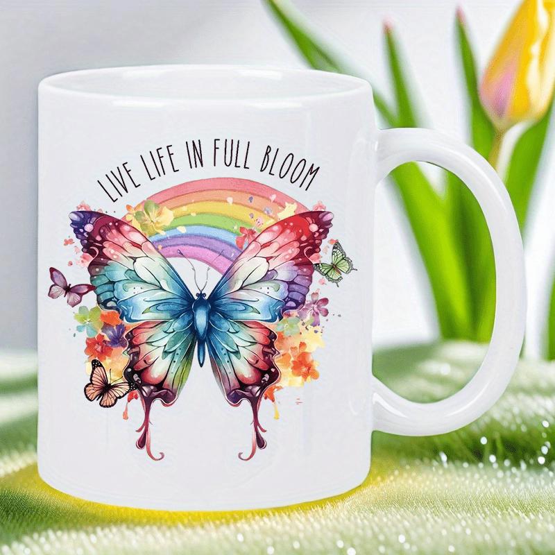 Tailorly White Ceramic 11 oz Mug - Live Life In Full Bloom Vibrant Watercolor Wings With Rainbow Arching Over Artistic Paint Splatters Butterfly