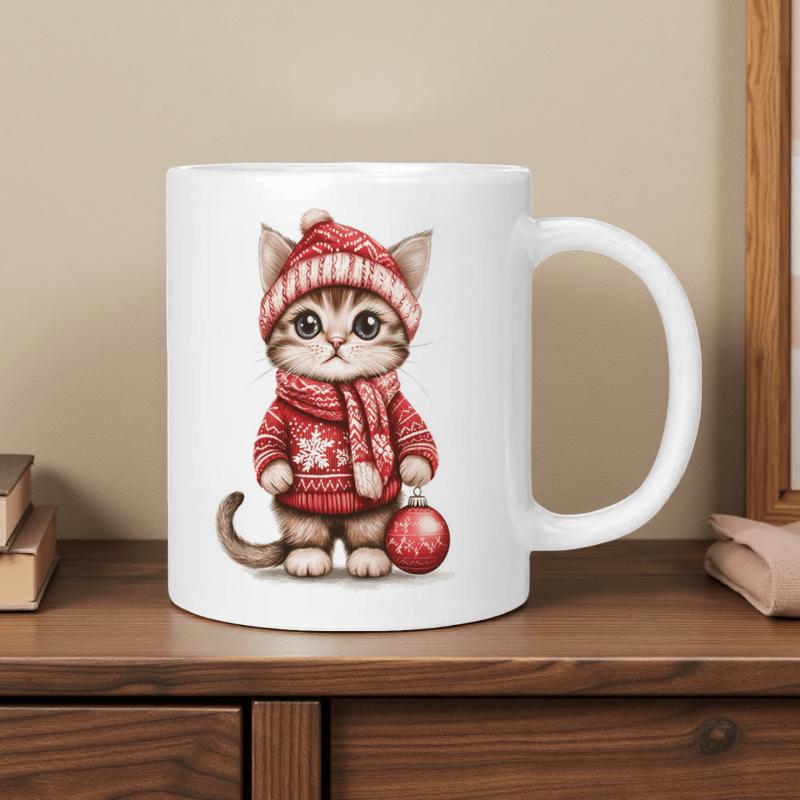 Tailorly White Ceramic 11 oz Mug - Adorable Little Kitten Wearing Red Knitted Winter Sweater And Hat Cat
