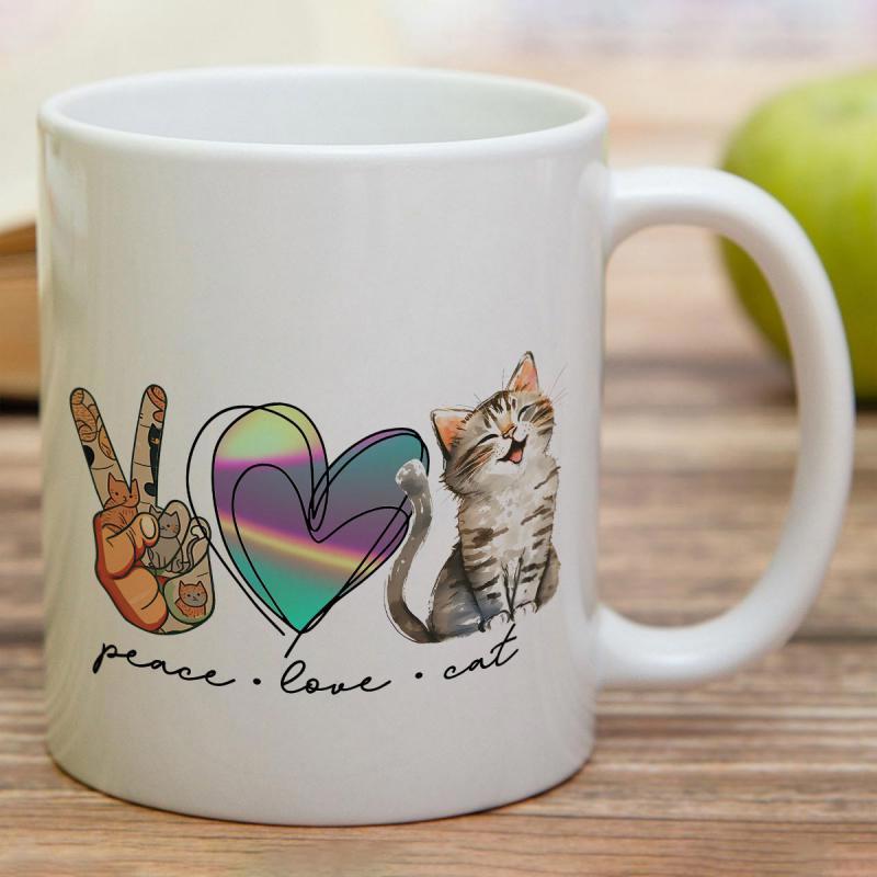 Tailorly White Ceramic 11 oz Mug - Peace Love Cat Hand Gesture Colorful Artistic Heart And Happy Smiling Tabby Cat