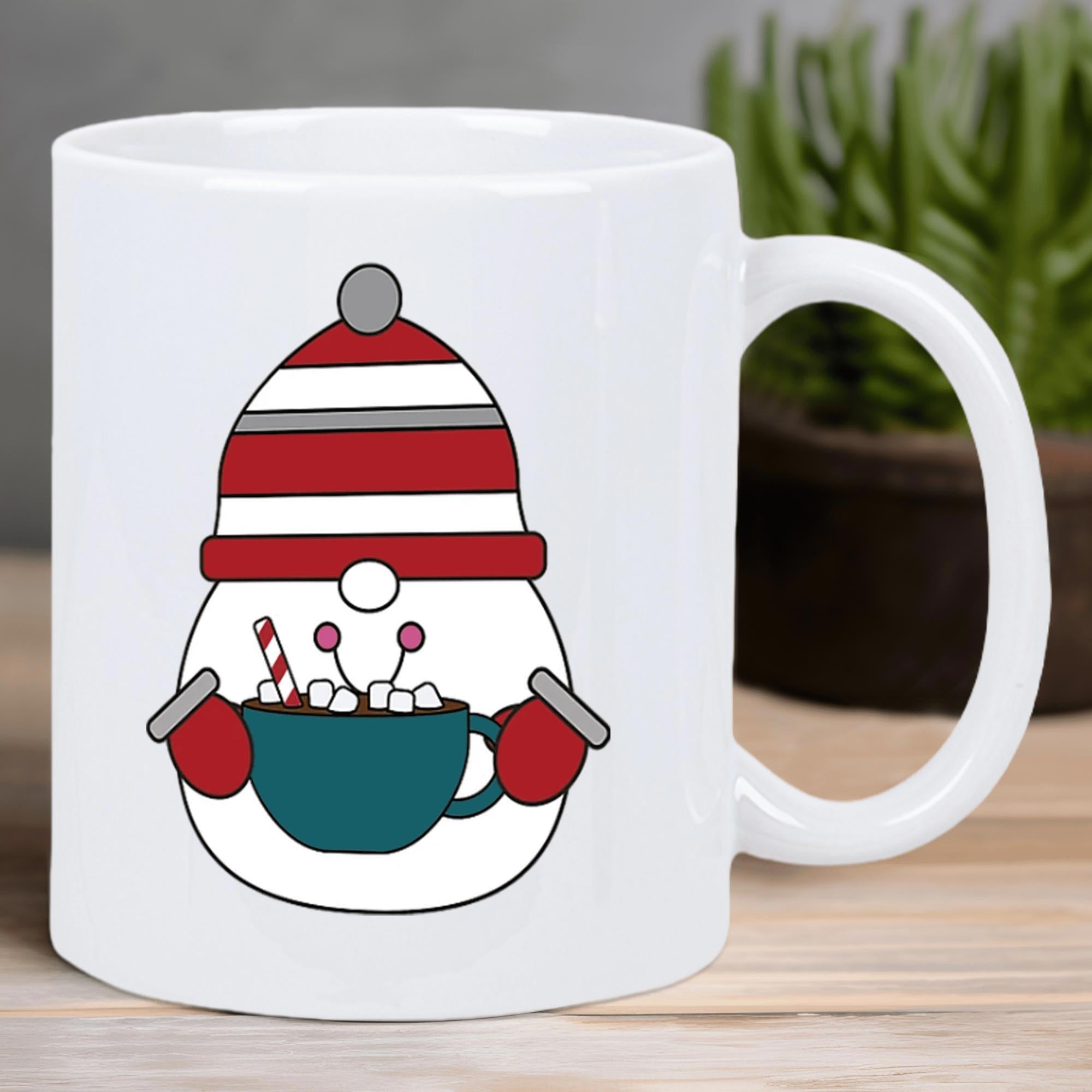 Tailorly White Ceramic 11 oz Mug - Festive Christmas Character With Striped Hat Holding Warm Cocoa Gnome