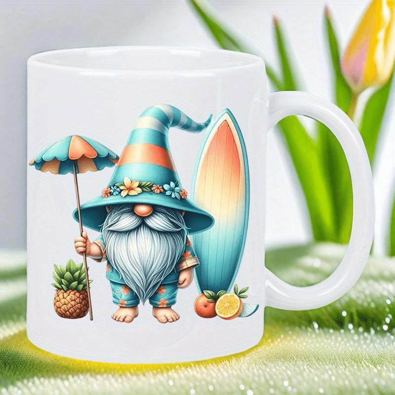 Tailorly White Ceramic 11 oz Mug - Summer Beach Theme With Colorful Surfboard Pineapple And Striped Umbrella Gnome