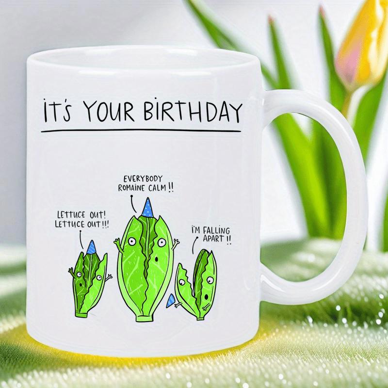 Tailorly White Ceramic 11 oz Mug - Its Your Birthday Lettuce Out Romaine Calm Im Falling Apart Three Cute Cartoon Vegetables Celebrating With Blue Small Party Hats