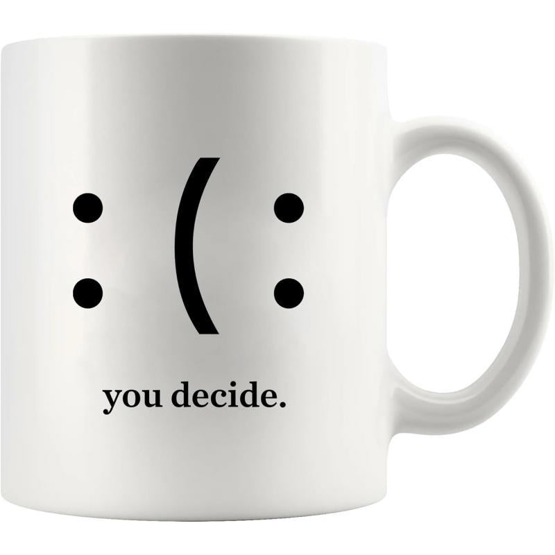Tailorly White Ceramic 11 oz Mug - You Decide Minimalist Reversible Design Showing Happy Or Sad Emotions In Simple Black Face