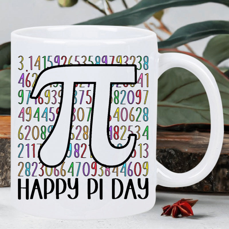 Tailorly White Ceramic 11 oz Mug - Happy Pi Day Mathematical Constant Symbol Surrounded By Multicolored Infinite Mathematical Decimals Printed Ceramic Mug