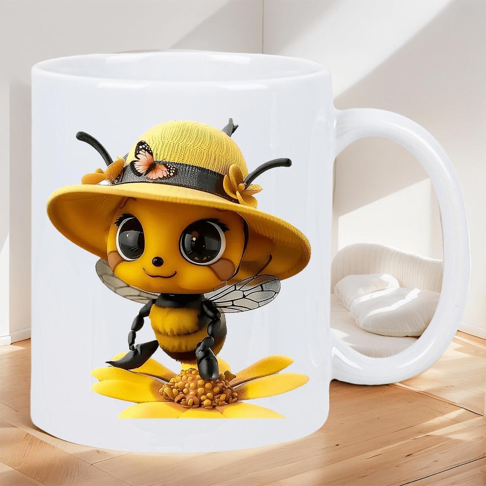 Tailorly White Ceramic 11 oz Mug - Cute Cartoon Character Wearing Yellow Sun Hat Standing On Blooming Flower Bee
