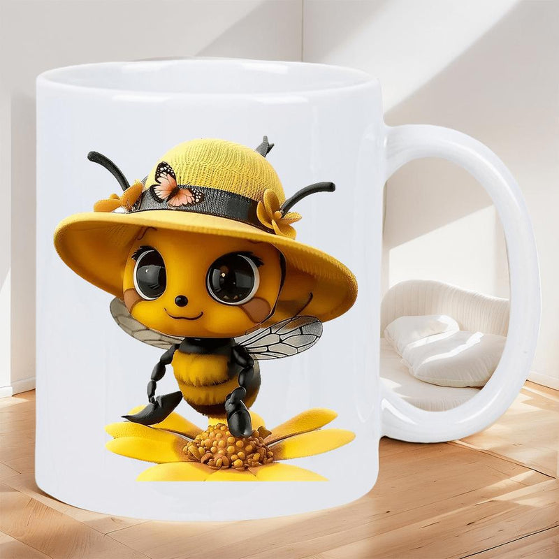 Tailorly White Ceramic 11 oz Mug - Cute Cartoon Character Wearing Yellow Sun Hat Standing On Blooming Flower Bee