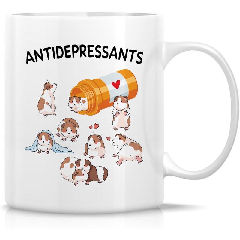 Tailorly White Ceramic 11 oz Mug - Antidepressants Adorable Brown And White Pets Spilling From Medicine Jar Guinea Pig