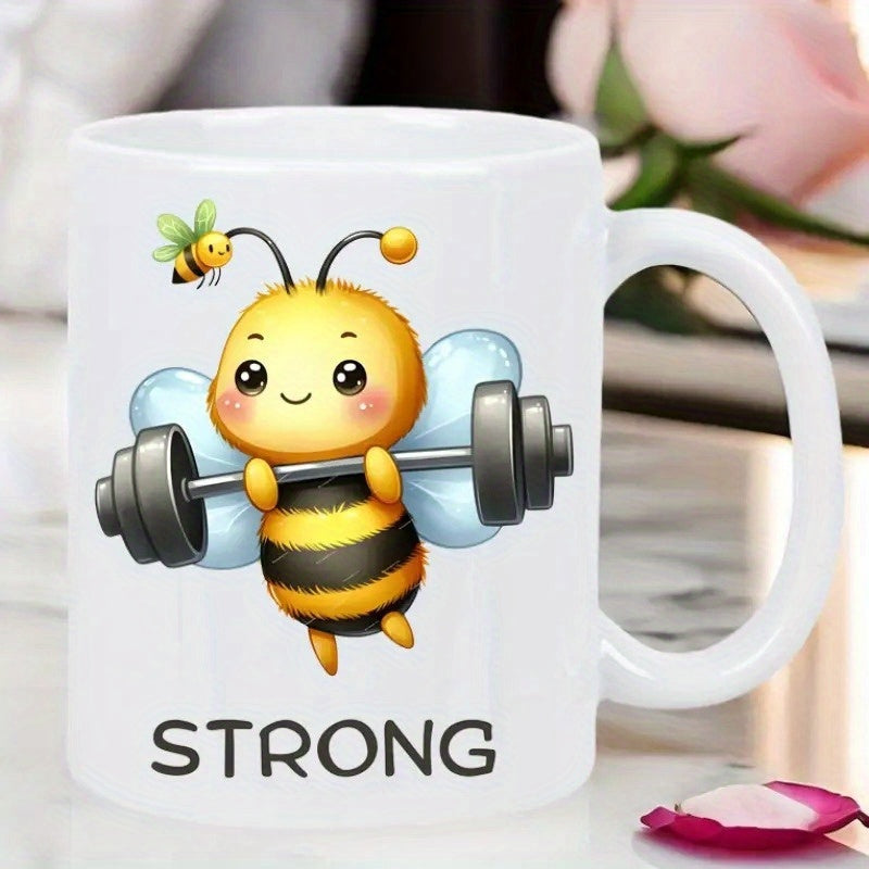 Tailorly White Ceramic 11 oz Mug - Strong Charming Little Bee Lifting A Heavy Metallic Barbell With Tiny Companion Bee