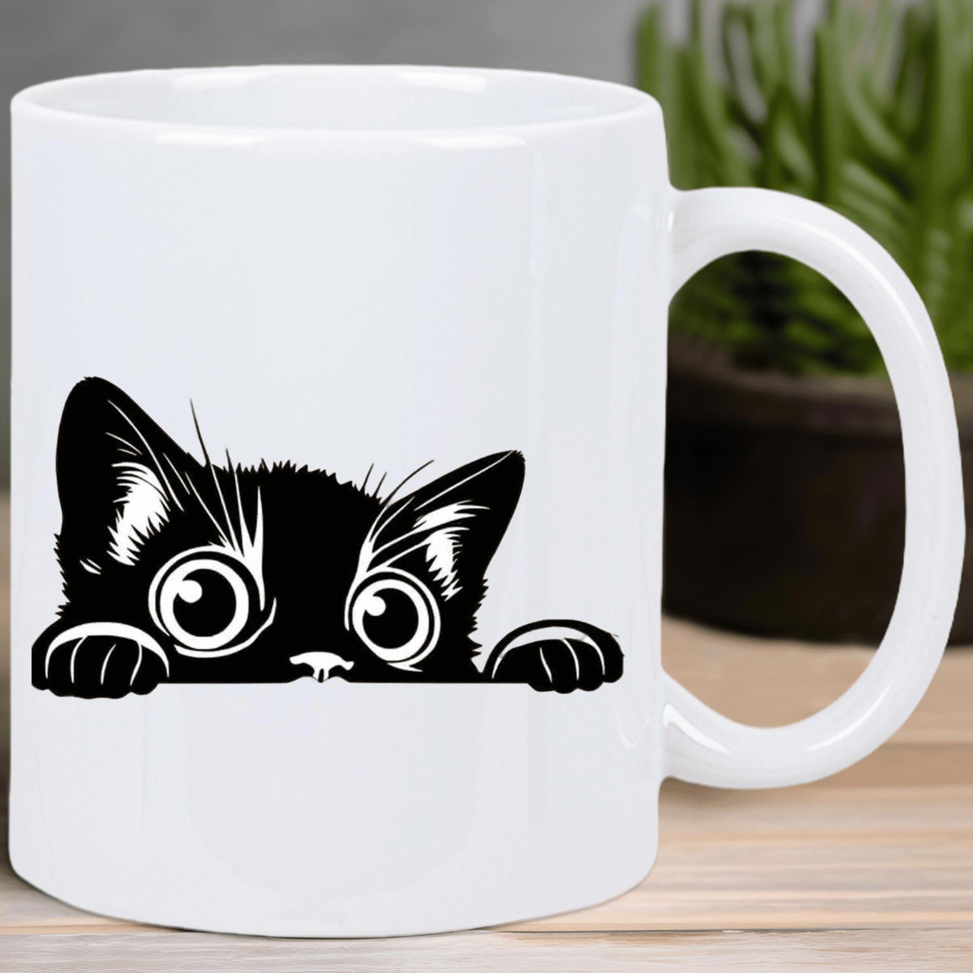 Tailorly White Ceramic 11 oz Mug - Playful Curious Peeking Black Kitten With Wide Eyes Resting Tiny Paws Cat