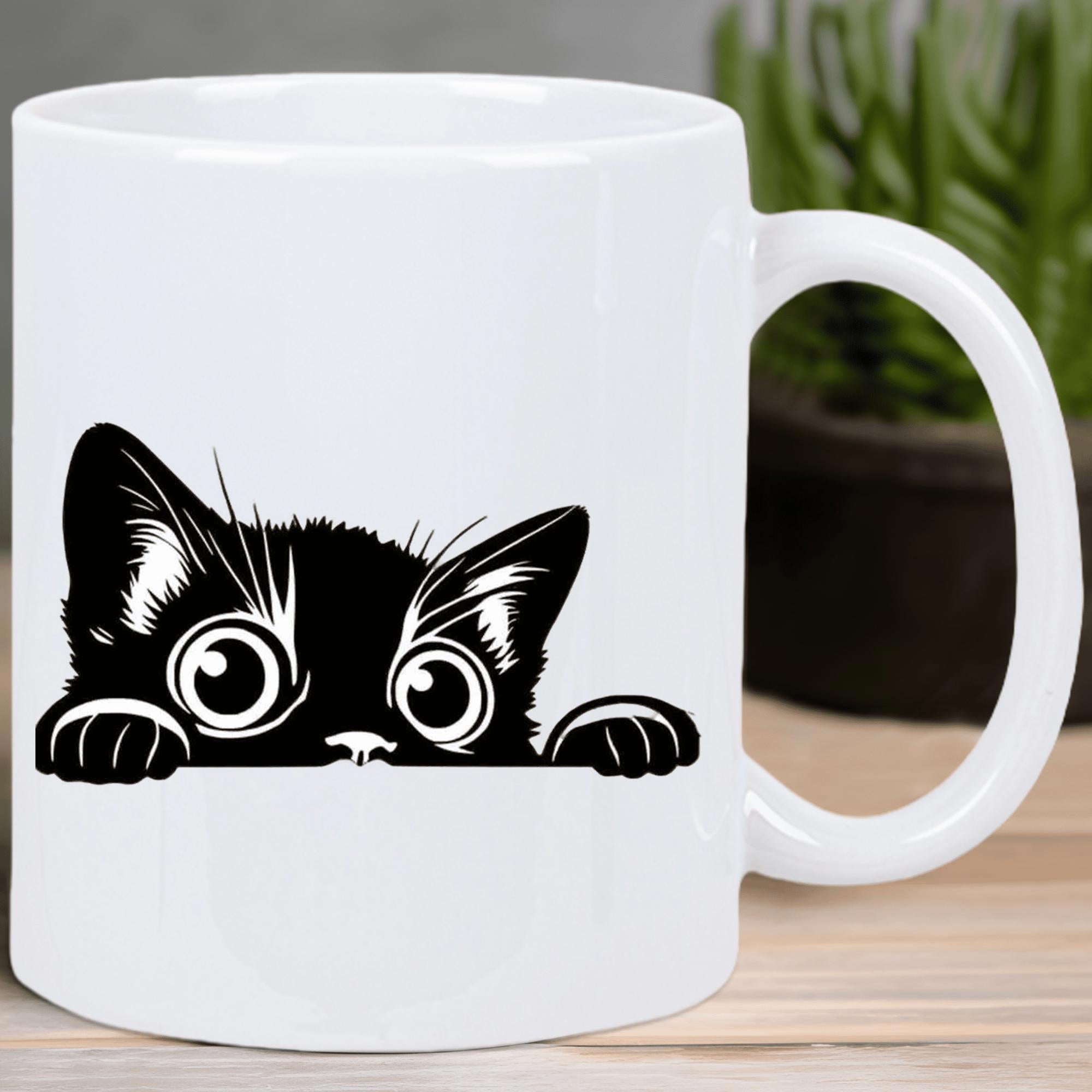 Tailorly White Ceramic 11 oz Mug - Playful Curious Peeking Black Kitten With Wide Eyes Resting Tiny Paws Cat